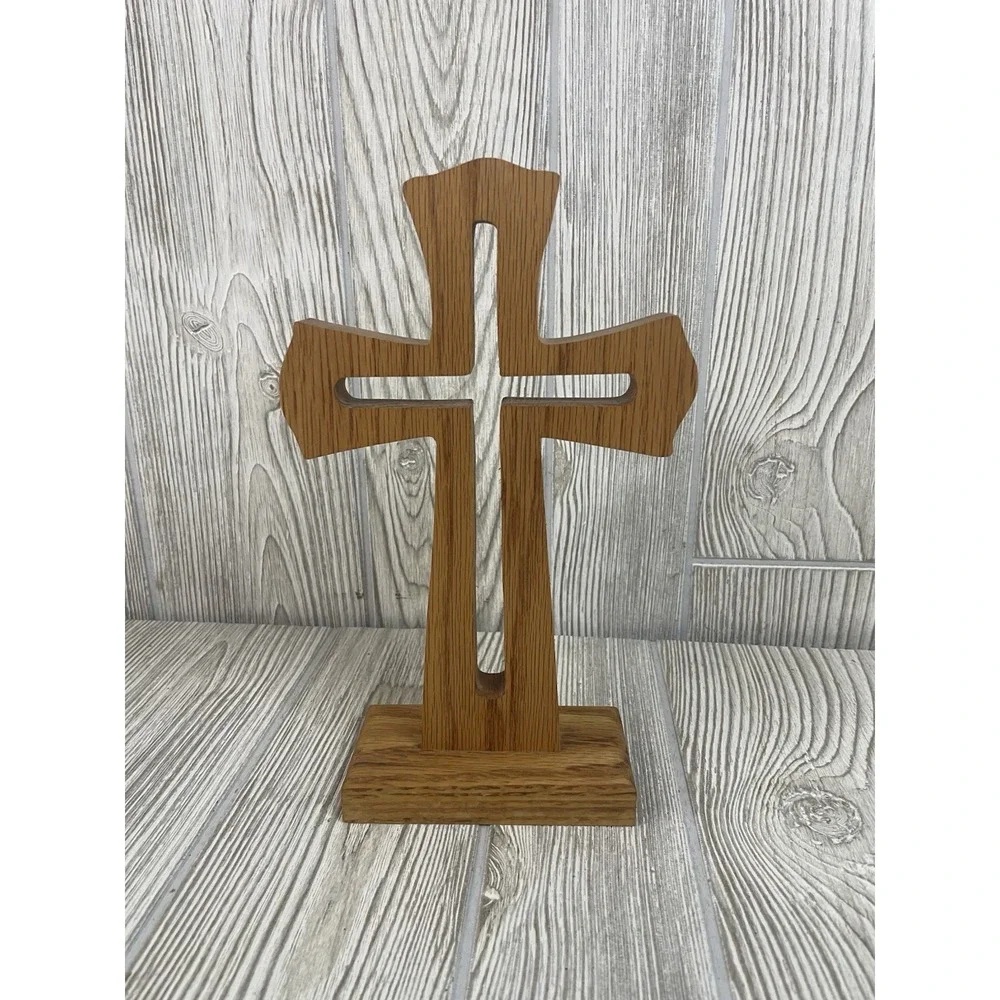 Vintage Oak Stained Wooden Standing Cross 9x5.75 Handcrafted Decor